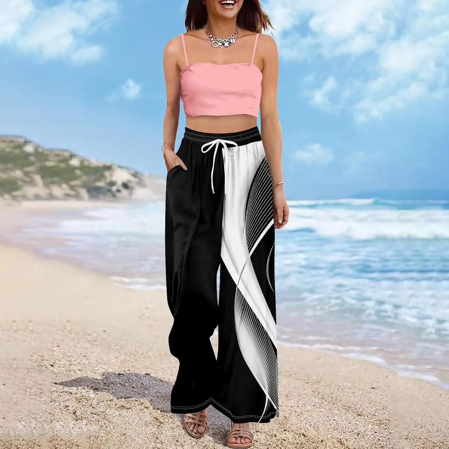 Women's Summer Palazzo Flowy Pants Boho Printing Drawstring High Waisted Wide Leg Beach Trousers with Pockets