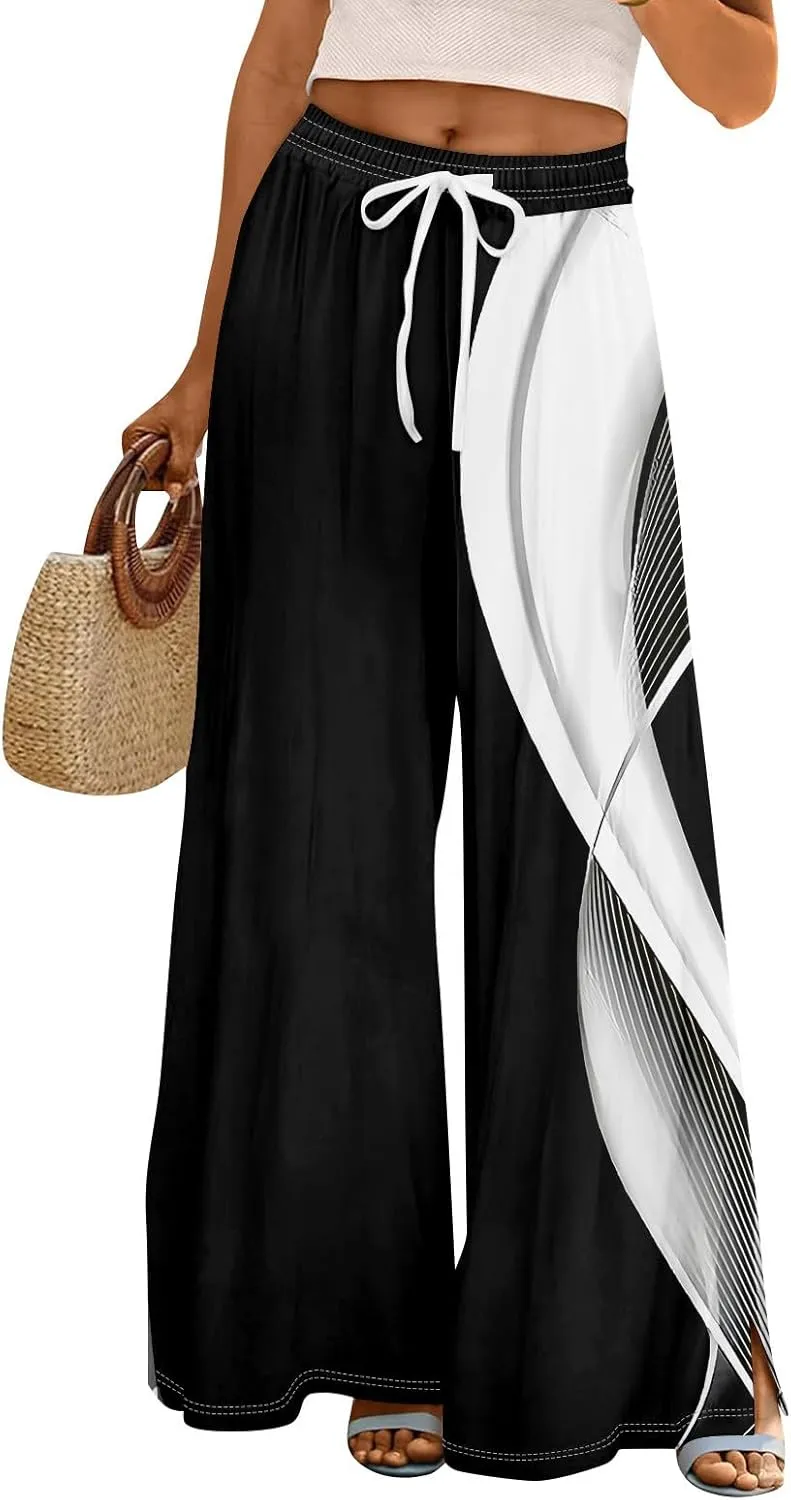 Women's Summer Palazzo Flowy Pants Boho Printing Drawstring High Waisted Wide Leg Beach Trousers with Pockets