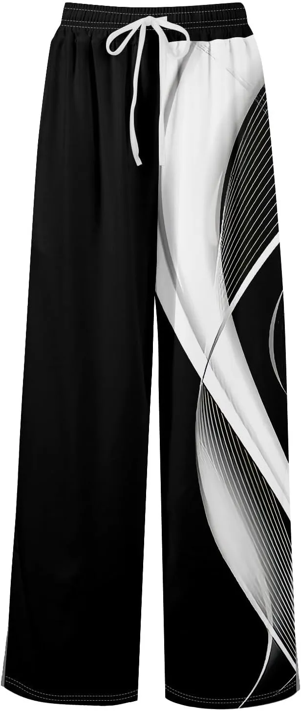 Women's Summer Palazzo Flowy Pants Boho Printing Drawstring High Waisted Wide Leg Beach Trousers with Pockets