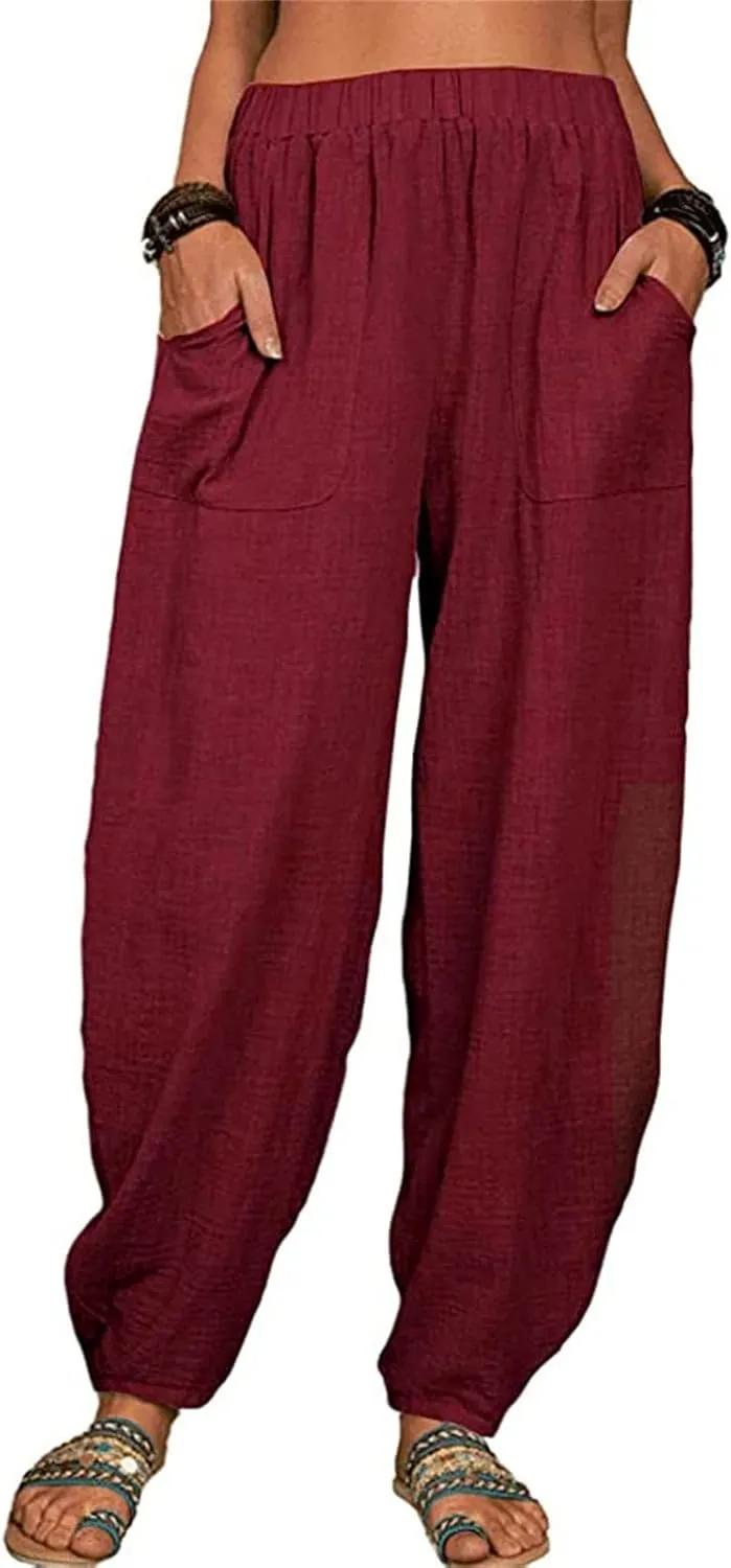 Women's Summer Stretched High Waisted Linen Wide Leg Palazzo Beach Yoga Casual Lounge Beach Trousers with Pockets