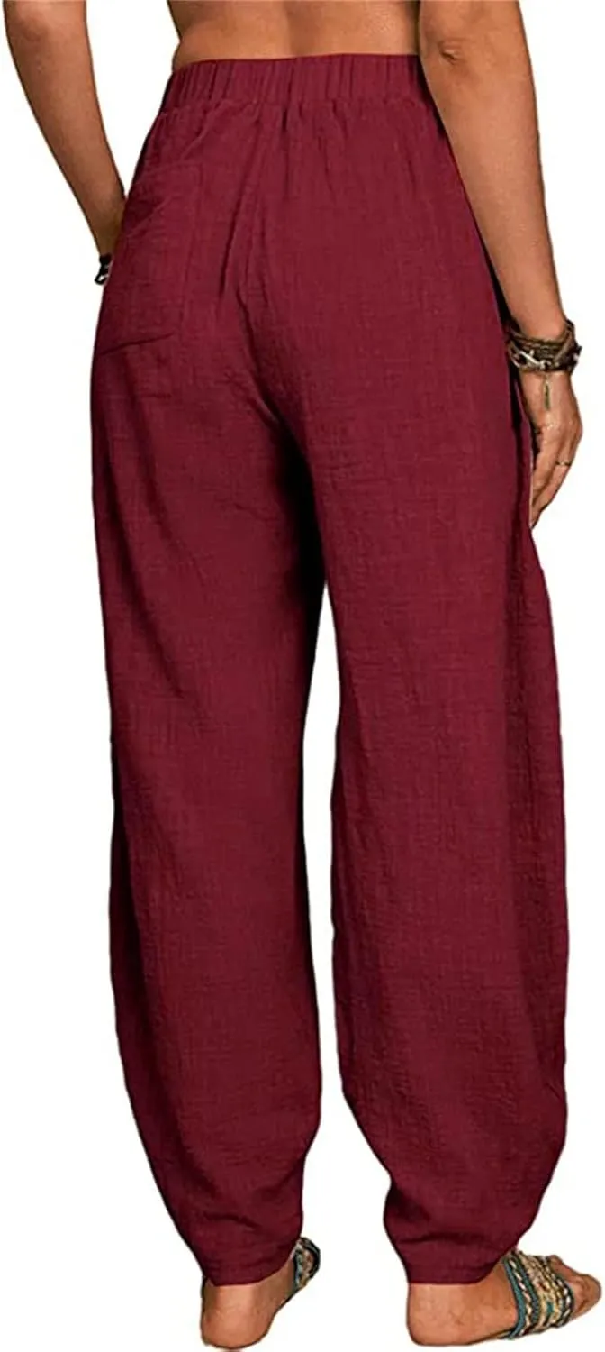 Women's Summer Stretched High Waisted Linen Wide Leg Palazzo Beach Yoga Casual Lounge Beach Trousers with Pockets
