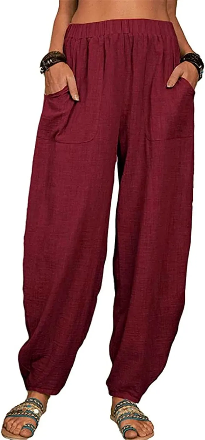 Women's Summer Stretched High Waisted Linen Wide Leg Palazzo Beach Yoga Casual Lounge Beach Trousers with Pockets