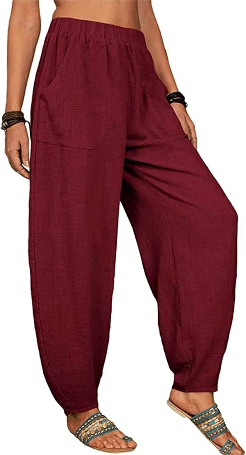 Women's Summer Stretched High Waisted Linen Wide Leg Palazzo Beach Yoga Casual Lounge Beach Trousers with Pockets