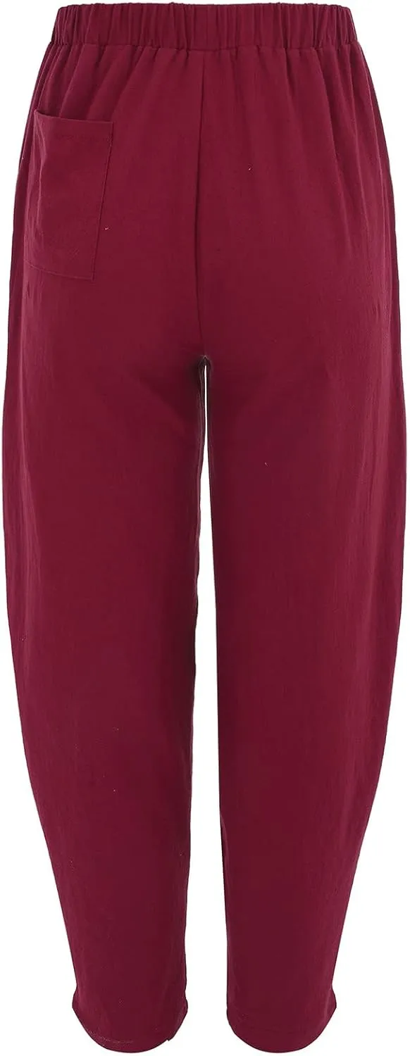 Women's Summer Stretched High Waisted Linen Wide Leg Palazzo Beach Yoga Casual Lounge Beach Trousers with Pockets