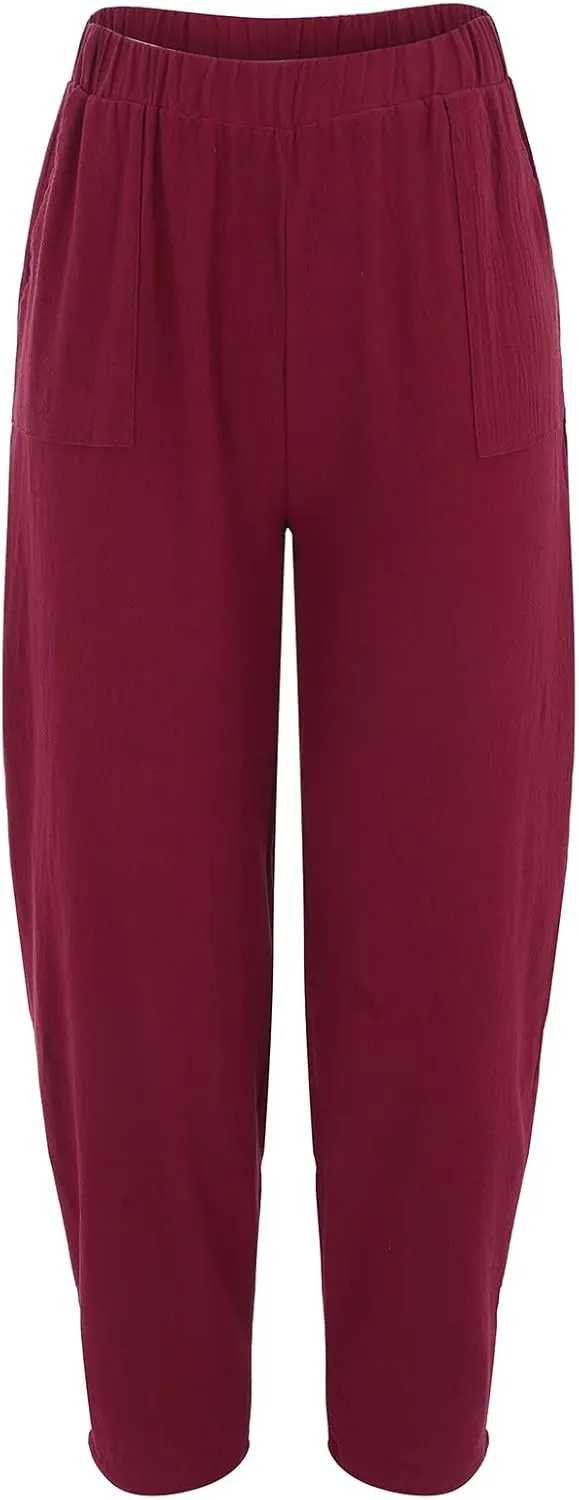 Women's Summer Stretched High Waisted Linen Wide Leg Palazzo Beach Yoga Casual Lounge Beach Trousers with Pockets