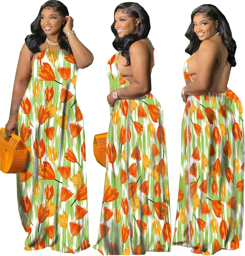 Women's Summer Sundress 2024 Sexy Floral Plus Size Sleeveless Loose Beach Summer Sundress with Pockets
