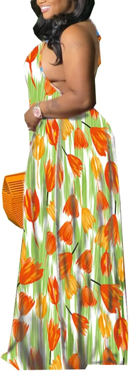 Women's Summer Sundress 2024 Sexy Floral Plus Size Sleeveless Loose Beach Summer Sundress with Pockets