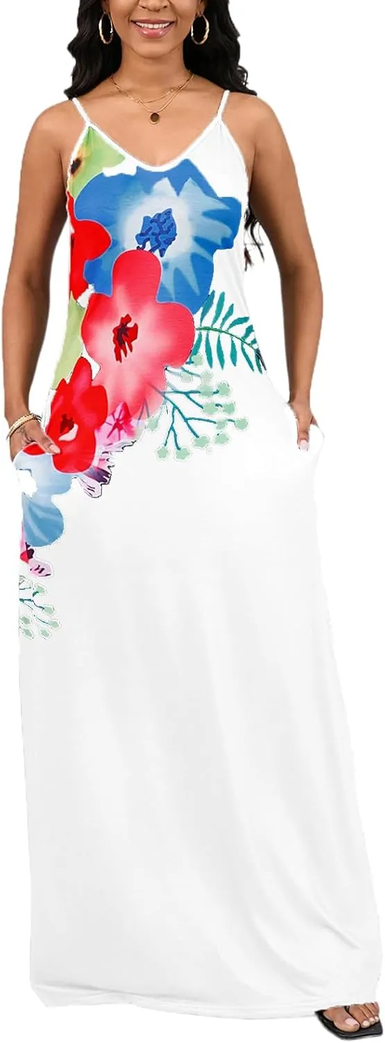Women's Summer Sundress 2024 Sexy Floral Plus Size Sleeveless Loose Beach Summer Sundress with Pockets
