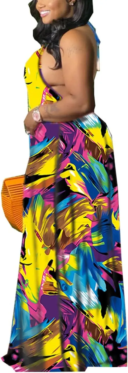 Women's Summer Sundress 2024 Sexy Floral Plus Size Sleeveless Loose Beach Summer Sundress with Pockets