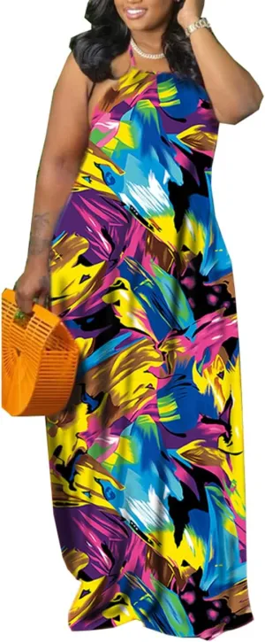 Women's Summer Sundress 2024 Sexy Floral Plus Size Sleeveless Loose Beach Summer Sundress with Pockets