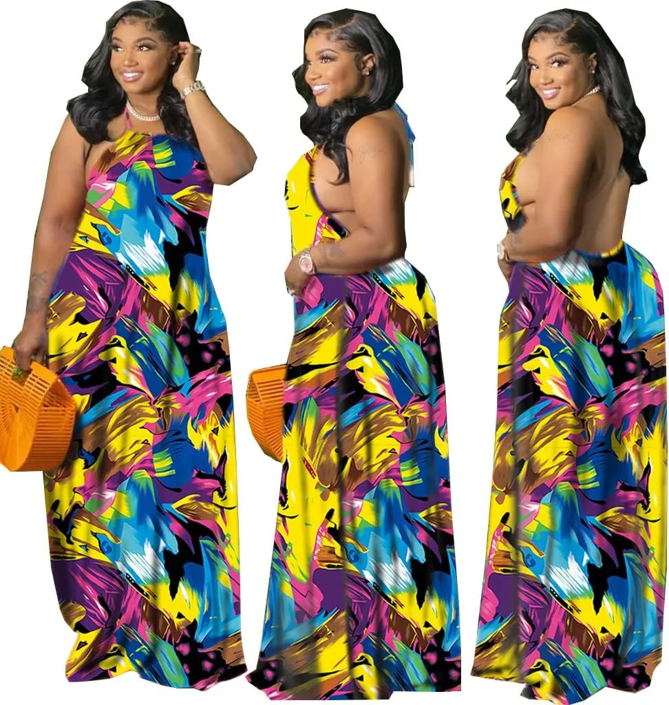 Women's Summer Sundress 2024 Sexy Floral Plus Size Sleeveless Loose Beach Summer Sundress with Pockets