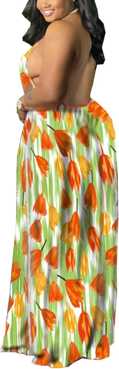 Women's Summer Sundress 2024 Sexy Floral Plus Size Sleeveless Loose Beach Summer Sundress with Pockets