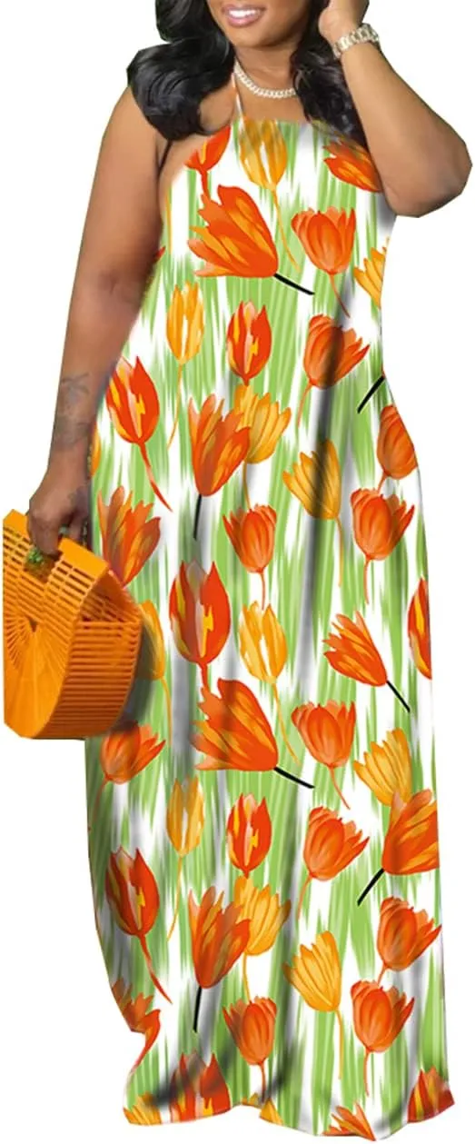 Women's Summer Sundress 2024 Sexy Floral Plus Size Sleeveless Loose Beach Summer Sundress with Pockets