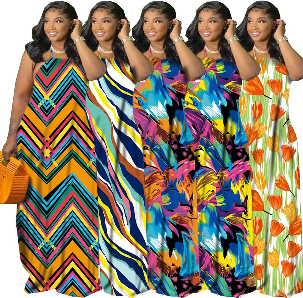 Women's Summer Sundress 2024 Sexy Floral Plus Size Sleeveless Loose Beach Summer Sundress with Pockets