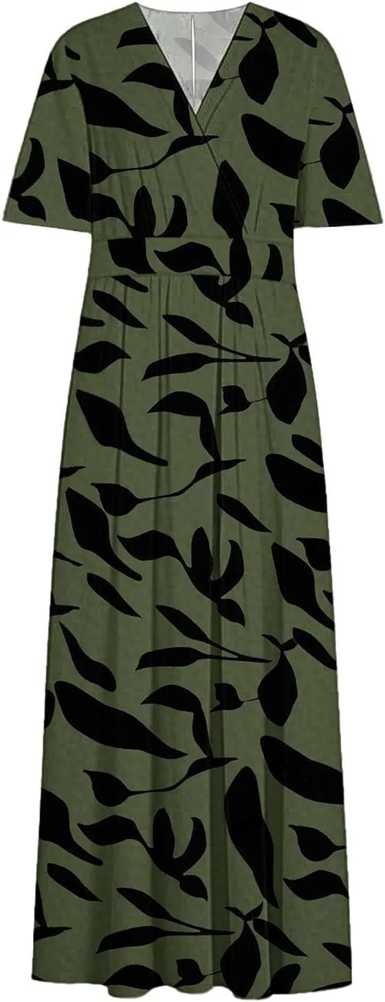 Womens Summer Wrap Maxi Dress Casual Boho Floral V Neck Short Sleeve Plus Size Hem Split Beach Long Dresses