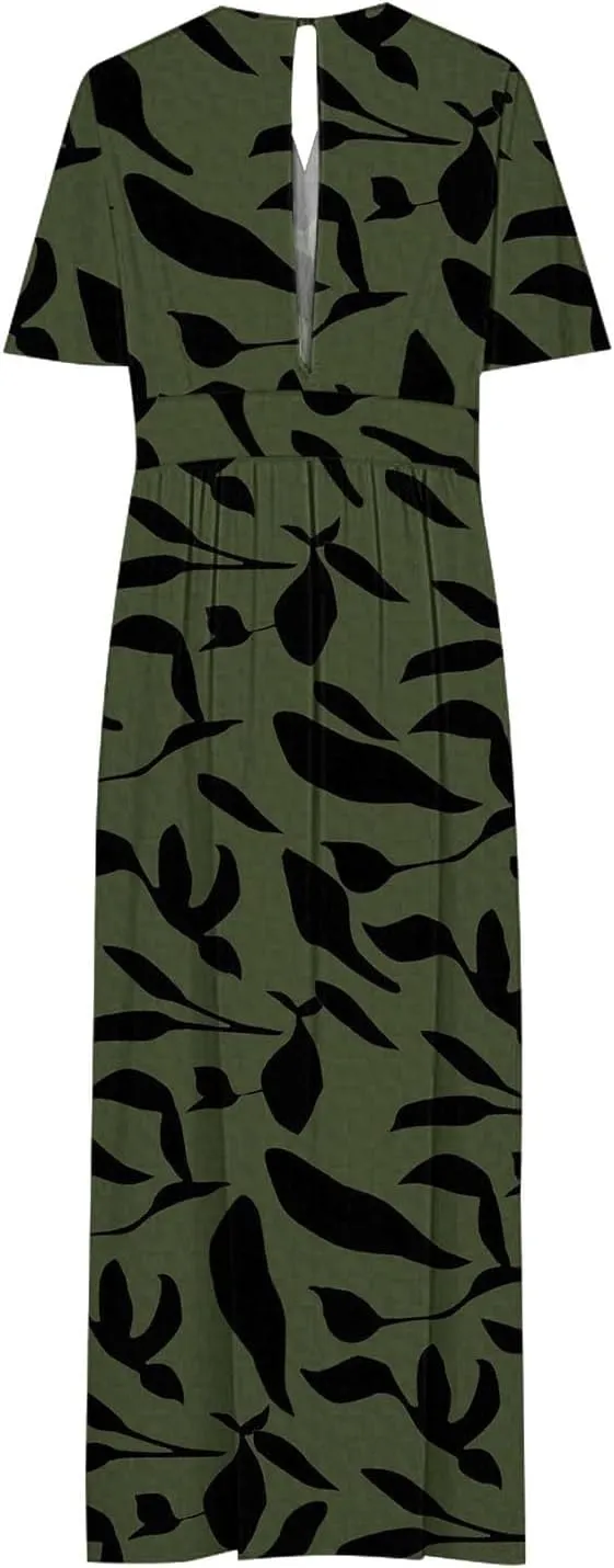 Womens Summer Wrap Maxi Dress Casual Boho Floral V Neck Short Sleeve Plus Size Hem Split Beach Long Dresses