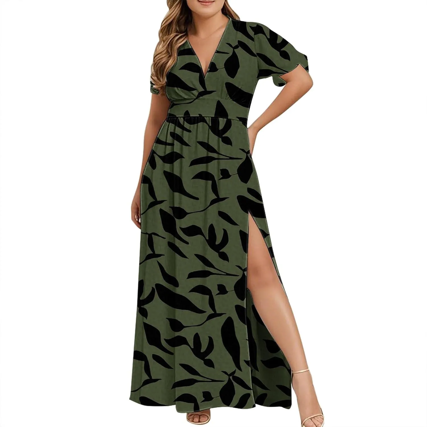 Womens Summer Wrap Maxi Dress Casual Boho Floral V Neck Short Sleeve Plus Size Hem Split Beach Long Dresses