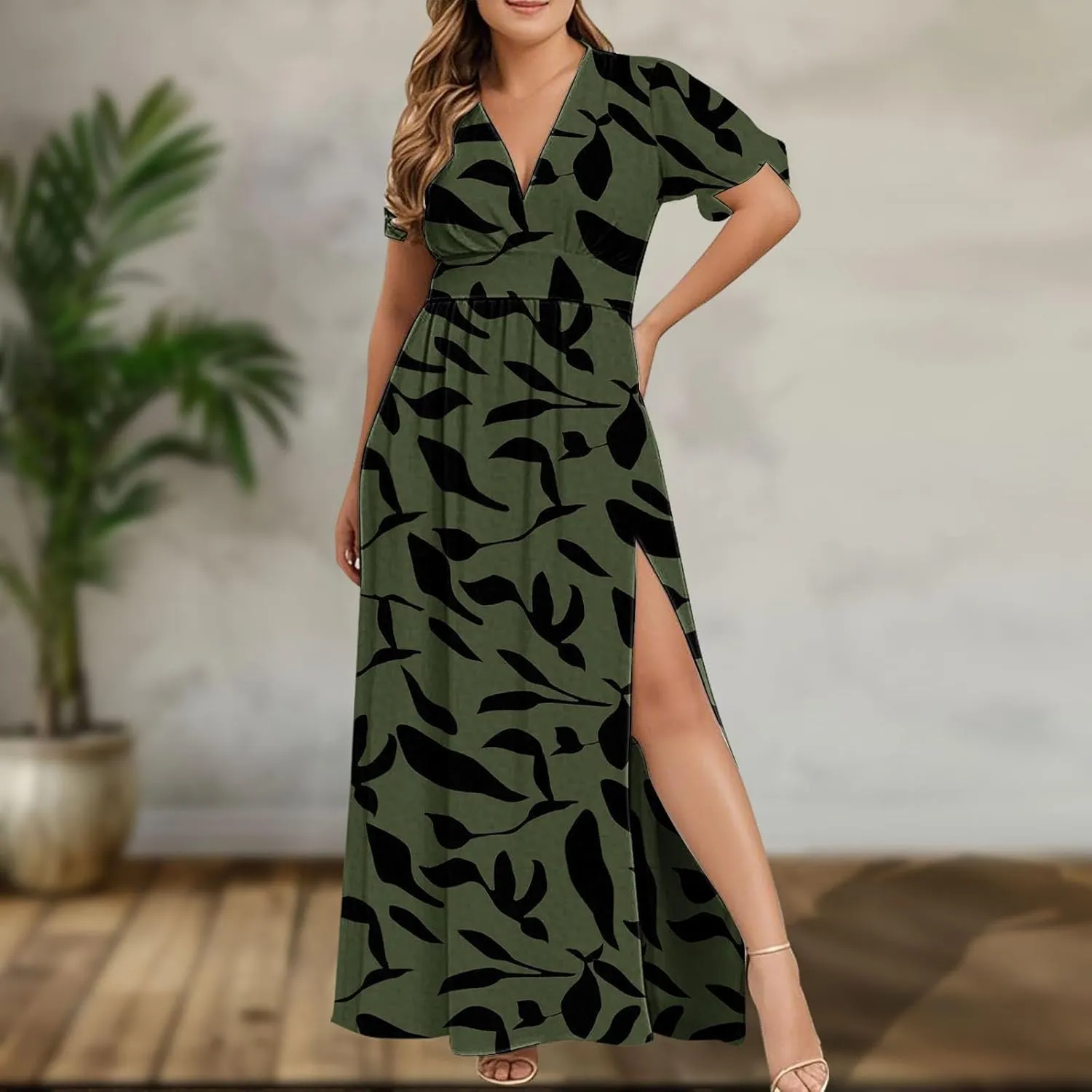 Womens Summer Wrap Maxi Dress Casual Boho Floral V Neck Short Sleeve Plus Size Hem Split Beach Long Dresses