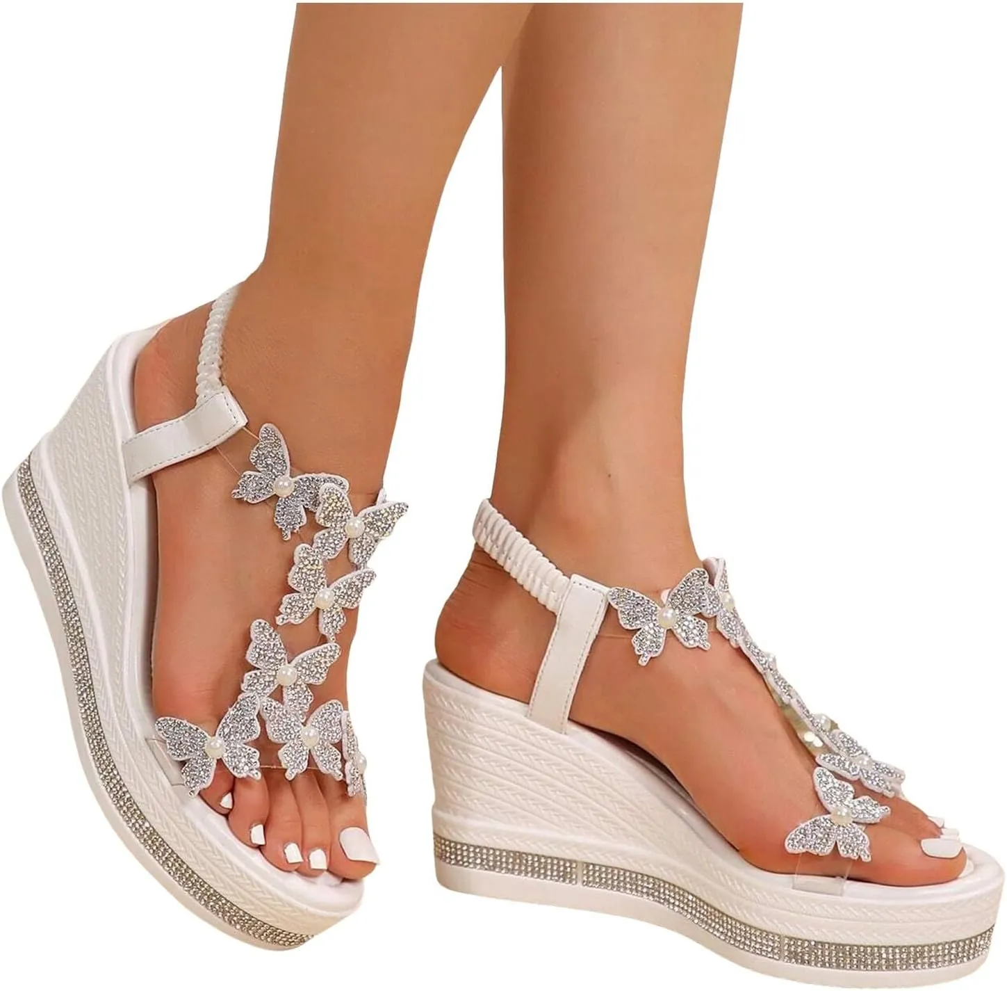 Women's T-Strap Rhinestone High Heel Wedge Sandals 2025 Summer Fashionable Butterfly Decoration Open Toe Casual Bohemian Comfort Walking Non Slip Sandals Orthopedic Dressy Outdoor Walking Shoes