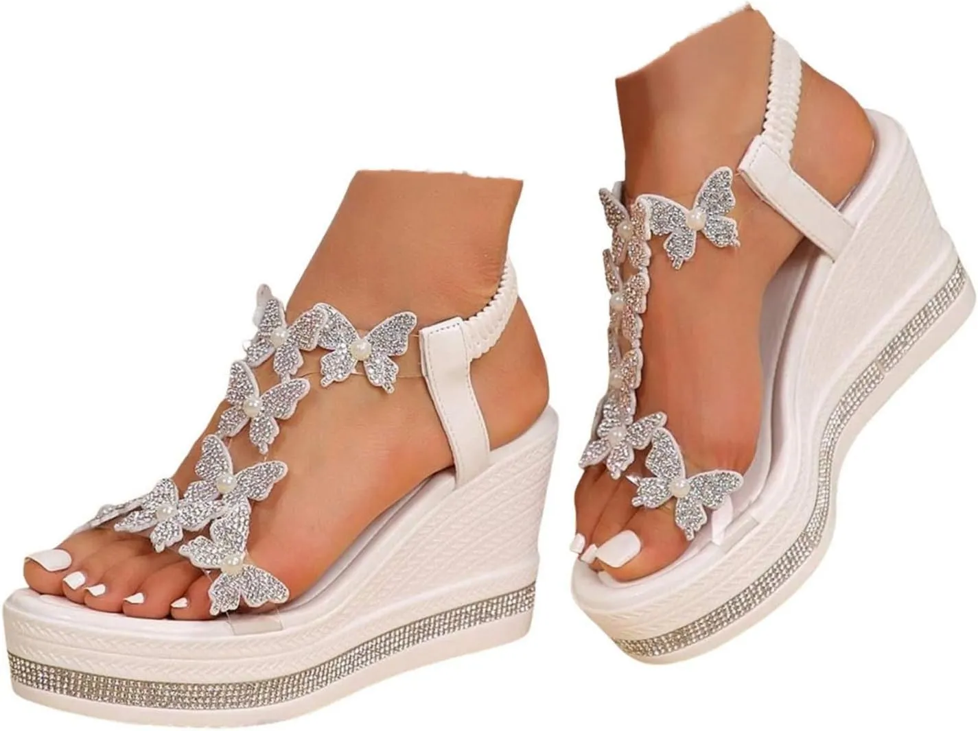 Women's T-Strap Rhinestone High Heel Wedge Sandals 2025 Summer Fashionable Butterfly Decoration Open Toe Casual Bohemian Comfort Walking Non Slip Sandals Orthopedic Dressy Outdoor Walking Shoes