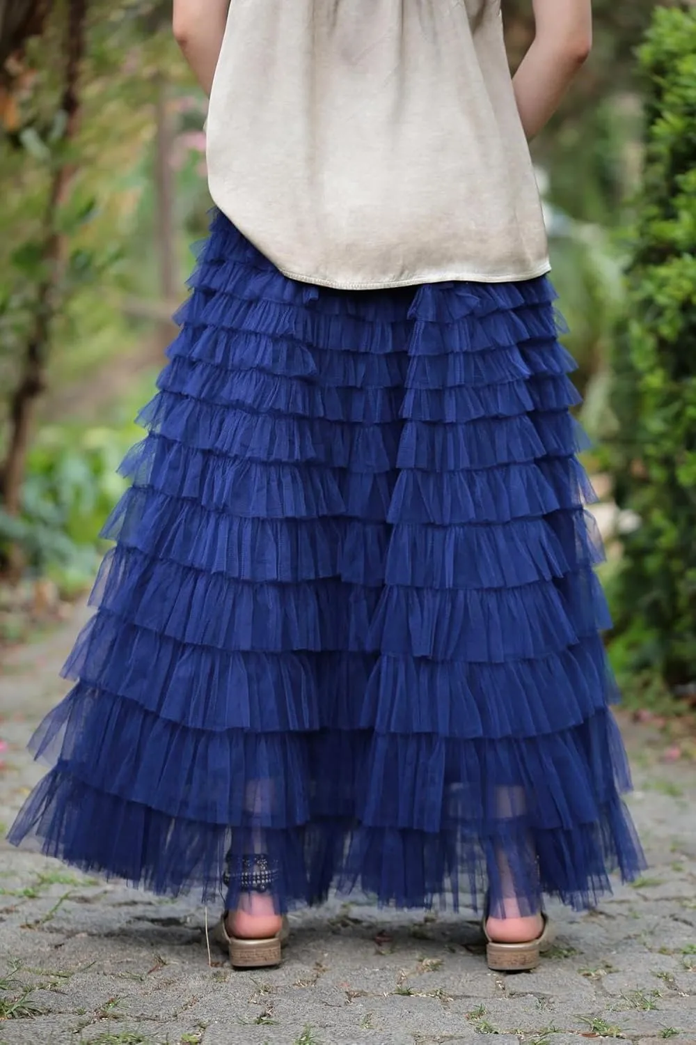 Womens Tiered Tulle Long Skirt A Line High Waist Layered Mesh Midi Skirts Pleated Ruffle Tutu Maxi Party Skirt