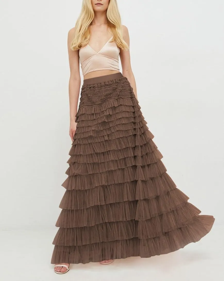 Womens Tiered Tulle Long Skirt A Line High Waist Layered Mesh Midi Skirts Pleated Ruffle Tutu Maxi Party Skirt