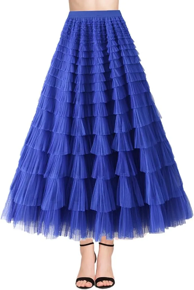Womens Tiered Tulle Long Skirt A Line High Waist Layered Mesh Midi Skirts Pleated Ruffle Tutu Maxi Party Skirt