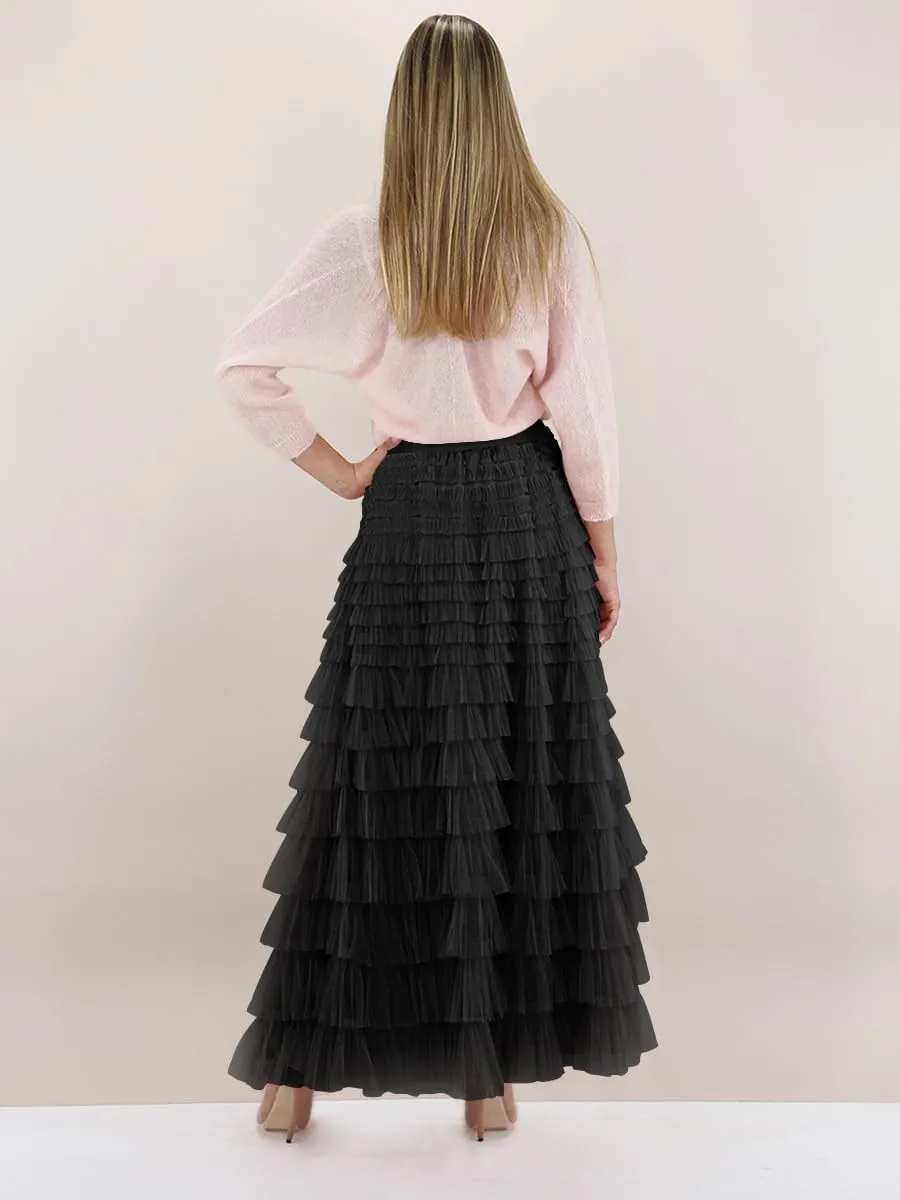 Womens Tiered Tulle Long Skirt A Line High Waist Layered Mesh Midi Skirts Pleated Ruffle Tutu Maxi Party Skirt