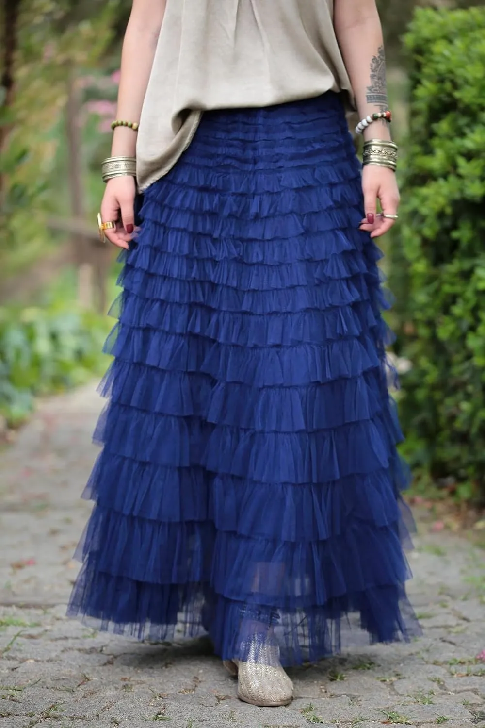 Womens Tiered Tulle Long Skirt A Line High Waist Layered Mesh Midi Skirts Pleated Ruffle Tutu Maxi Party Skirt
