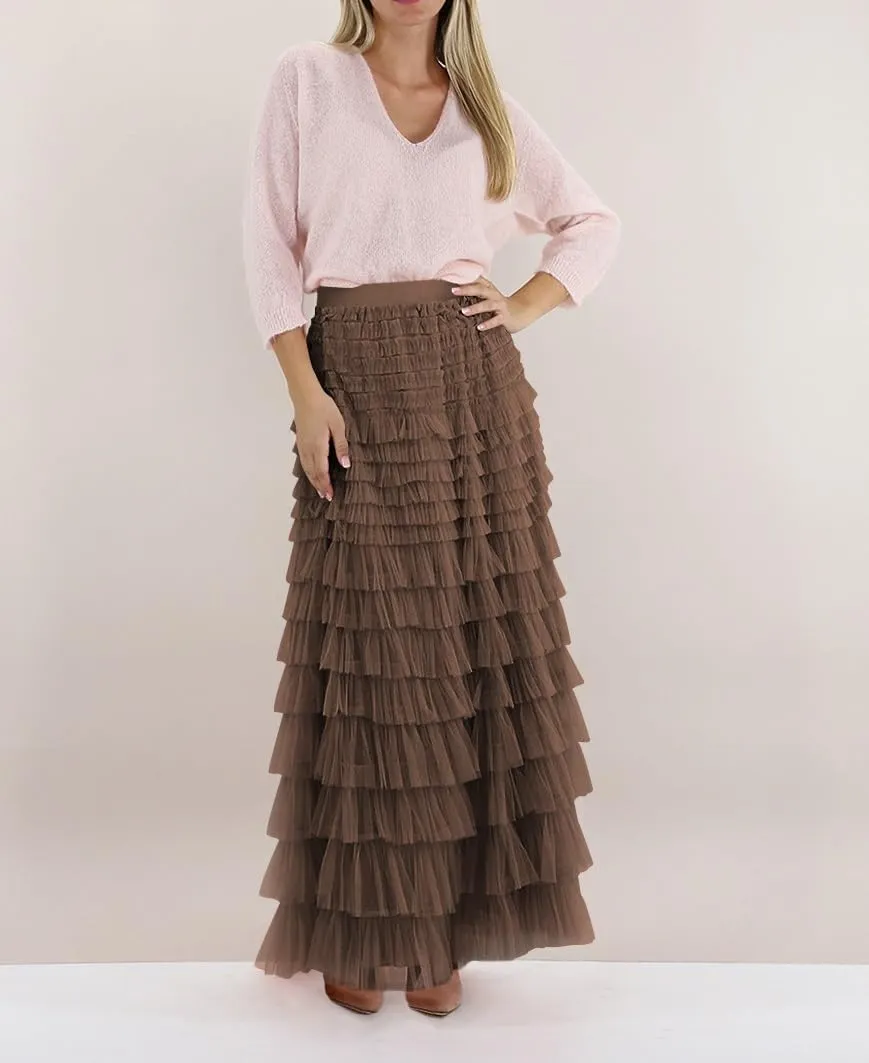 Womens Tiered Tulle Long Skirt A Line High Waist Layered Mesh Midi Skirts Pleated Ruffle Tutu Maxi Party Skirt