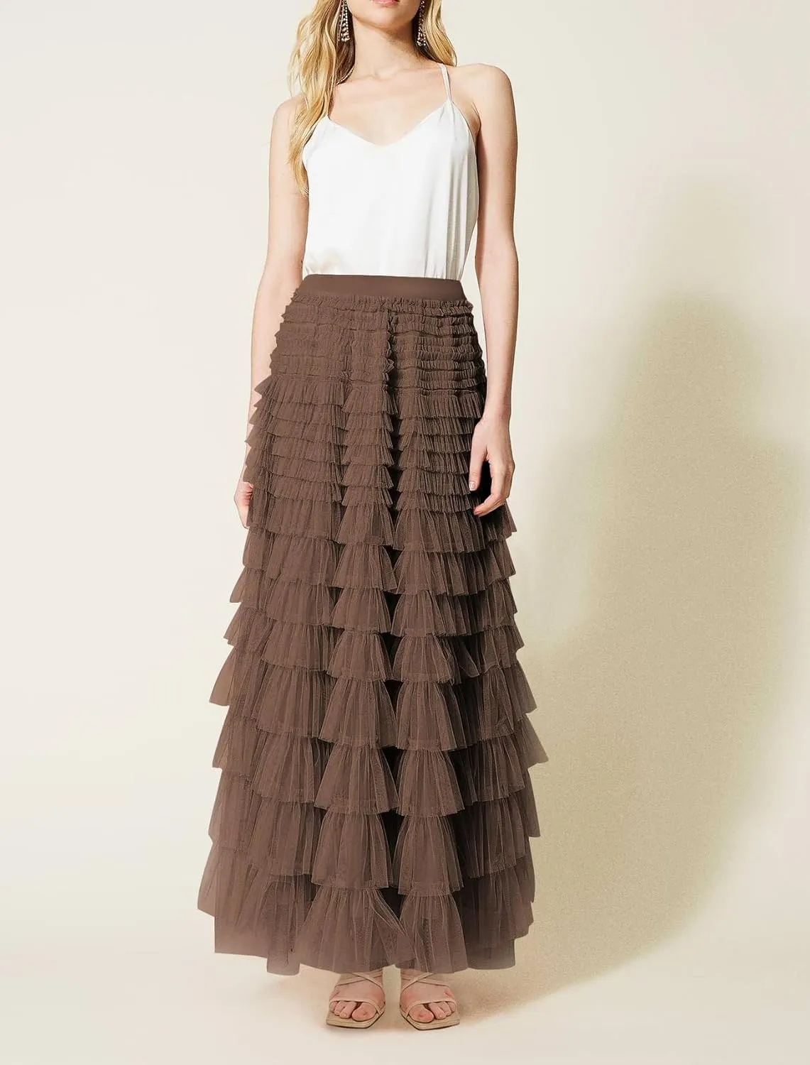 Womens Tiered Tulle Long Skirt A Line High Waist Layered Mesh Midi Skirts Pleated Ruffle Tutu Maxi Party Skirt