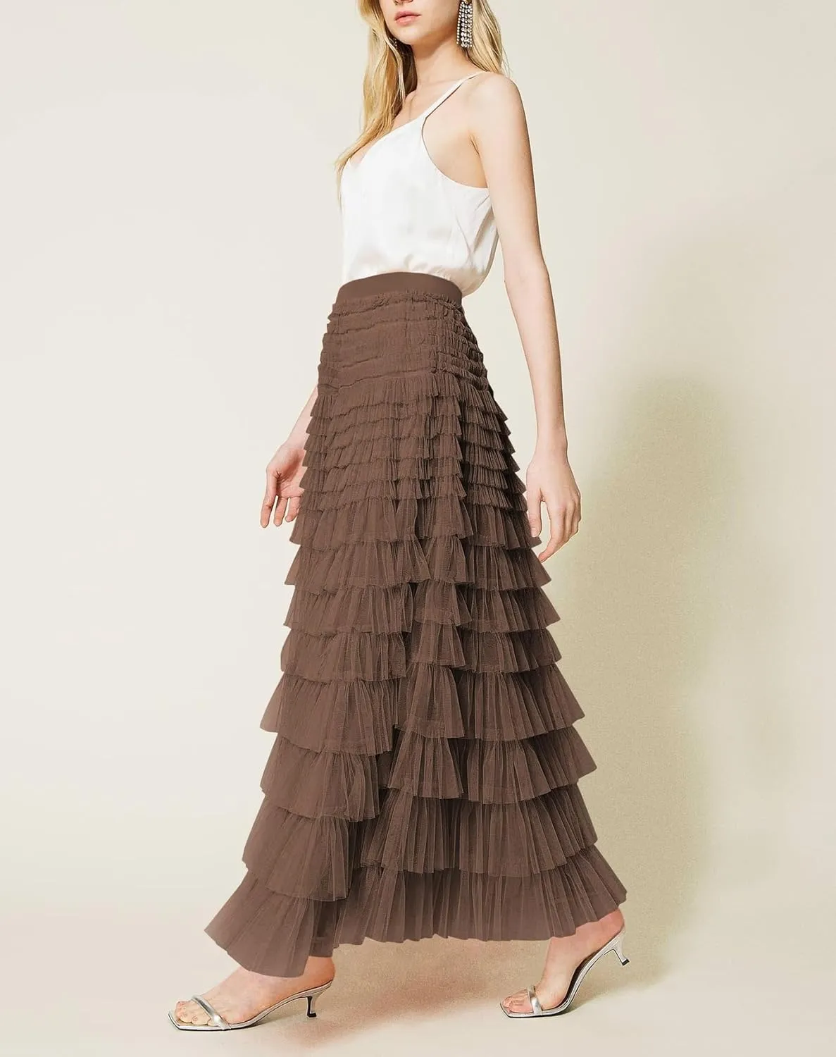 Womens Tiered Tulle Long Skirt A Line High Waist Layered Mesh Midi Skirts Pleated Ruffle Tutu Maxi Party Skirt