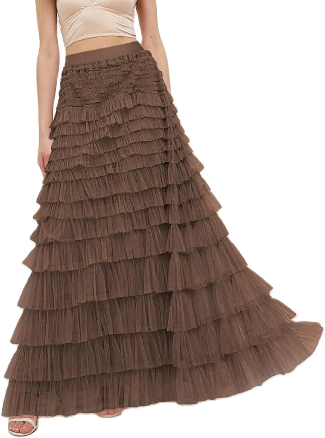 Womens Tiered Tulle Long Skirt A Line High Waist Layered Mesh Midi Skirts Pleated Ruffle Tutu Maxi Party Skirt