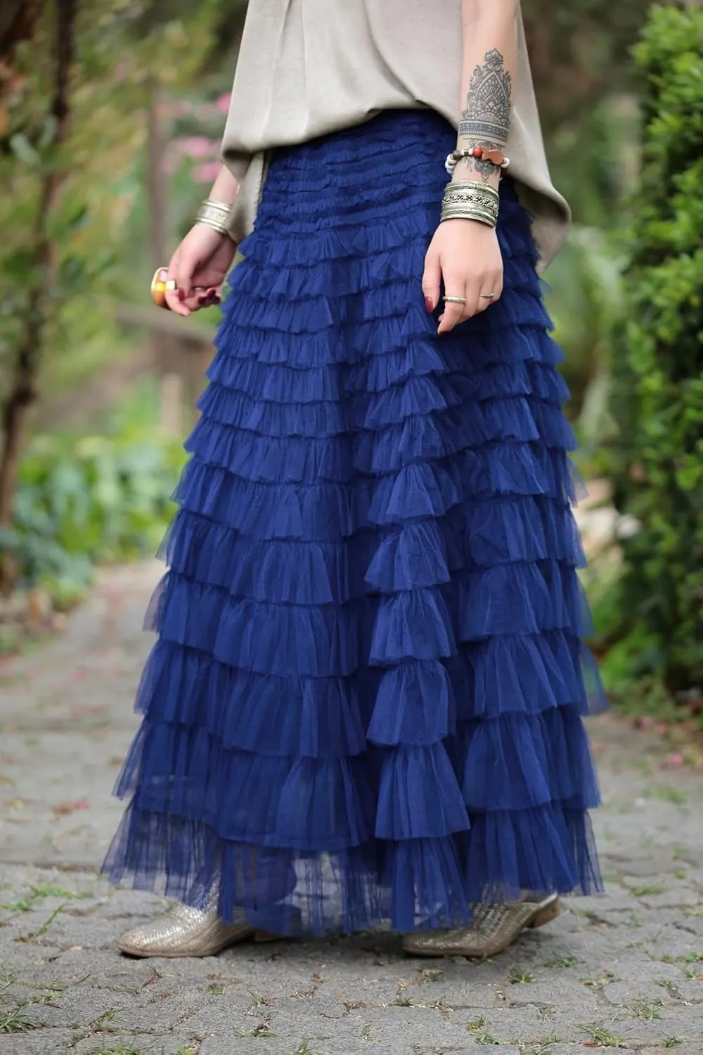 Womens Tiered Tulle Long Skirt A Line High Waist Layered Mesh Midi Skirts Pleated Ruffle Tutu Maxi Party Skirt