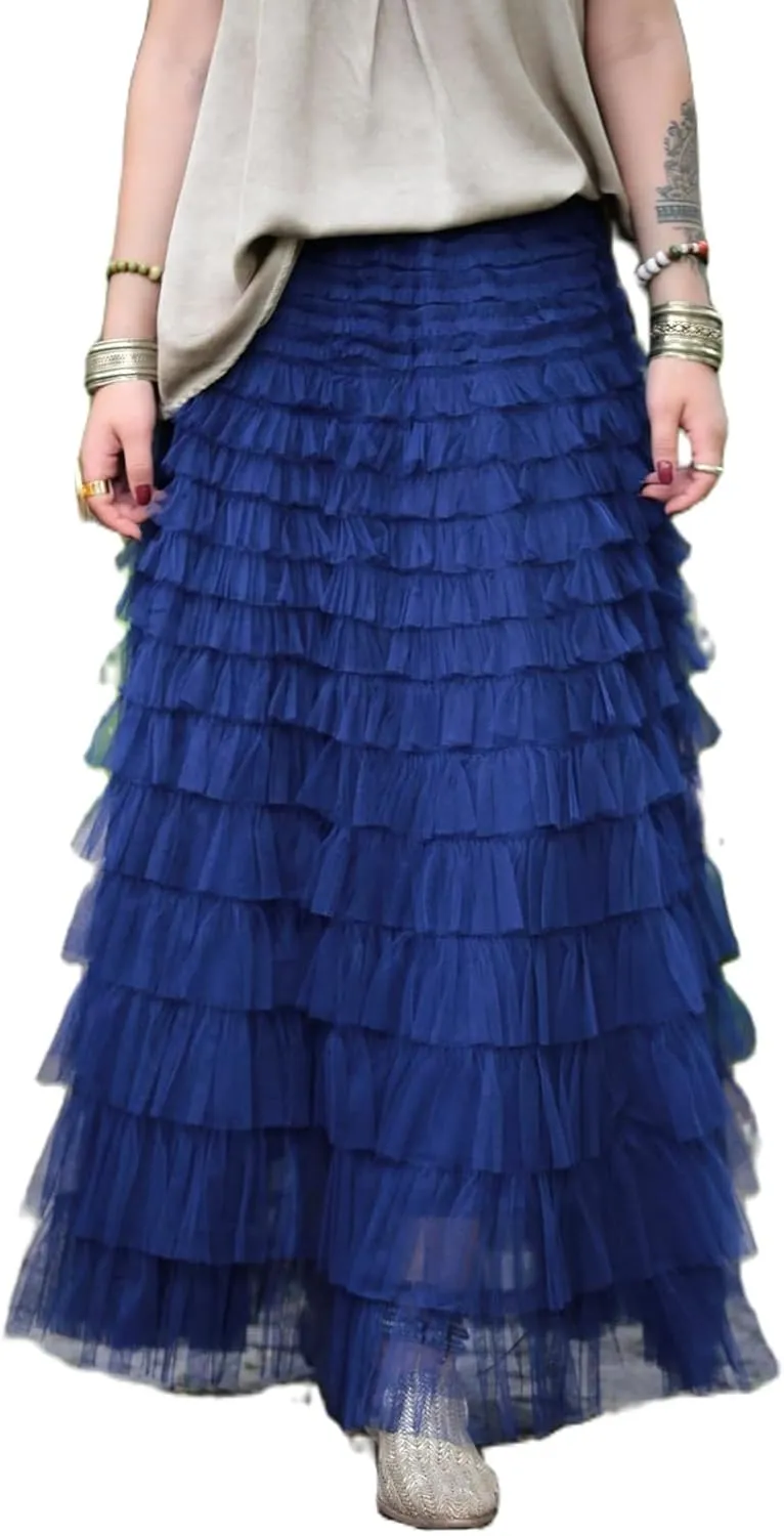 Womens Tiered Tulle Long Skirt A Line High Waist Layered Mesh Midi Skirts Pleated Ruffle Tutu Maxi Party Skirt