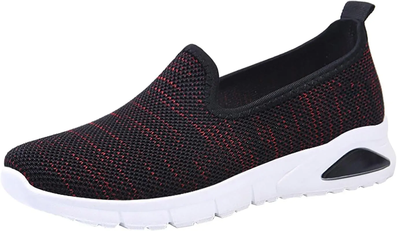Womens Trainers Slip-On Shoes Breathable Woven Walking Foam Shoes with Wedge Heel for Indoor Use (6.5 UK Red)