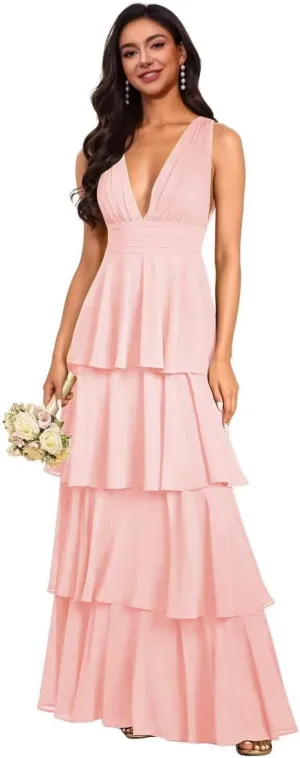 Women's V Neck Chiffon Bridesmaid Dresses Long Ruffles Tiered Formal Evening Dress Wedding Guest Gown 2025