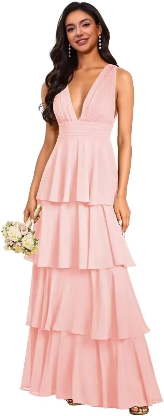 Women's V Neck Chiffon Bridesmaid Dresses Long Ruffles Tiered Formal Evening Dress Wedding Guest Gown 2025