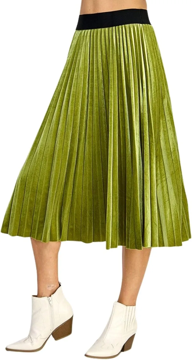 Womens Velvet Pleats Skirt Elastic-Waist A Line Midi Skirts Party Metallic Shiny Skirt