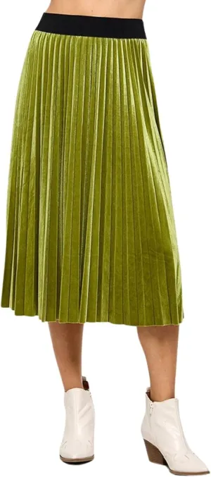 Womens Velvet Pleats Skirt Elastic-Waist A Line Midi Skirts Party Metallic Shiny Skirt