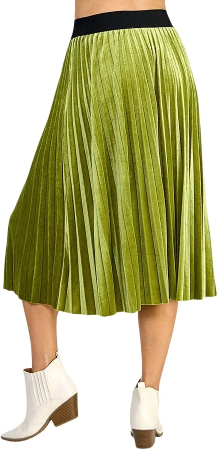 Womens Velvet Pleats Skirt Elastic-Waist A Line Midi Skirts Party Metallic Shiny Skirt
