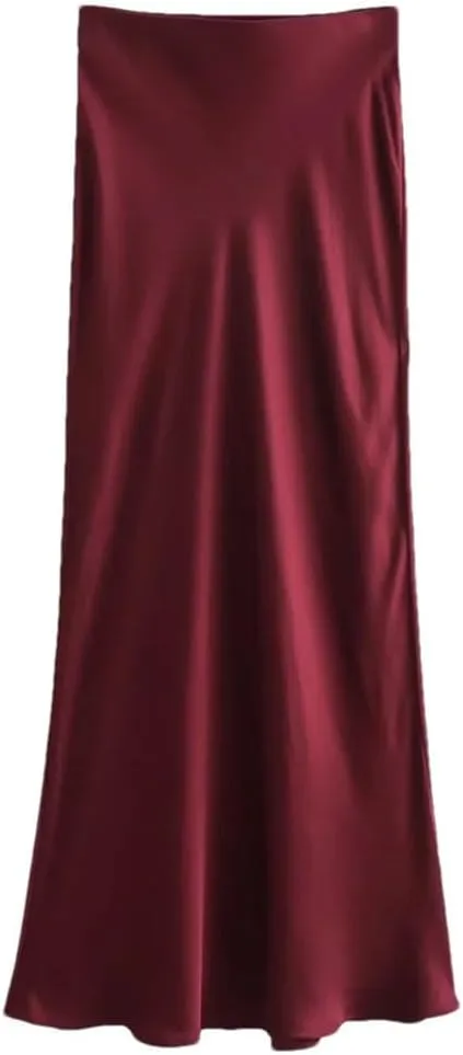 Women's Versatile Silk Satin Texture Midi Skirt Fashion Casual Pleated Skirt Cocktail Party Wedding Skirt