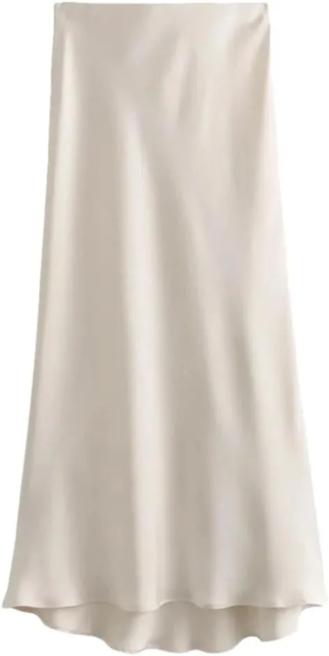 Women's Versatile Silk Satin Texture Midi Skirt Fashion Casual Pleated Skirt Cocktail Party Wedding Skirt