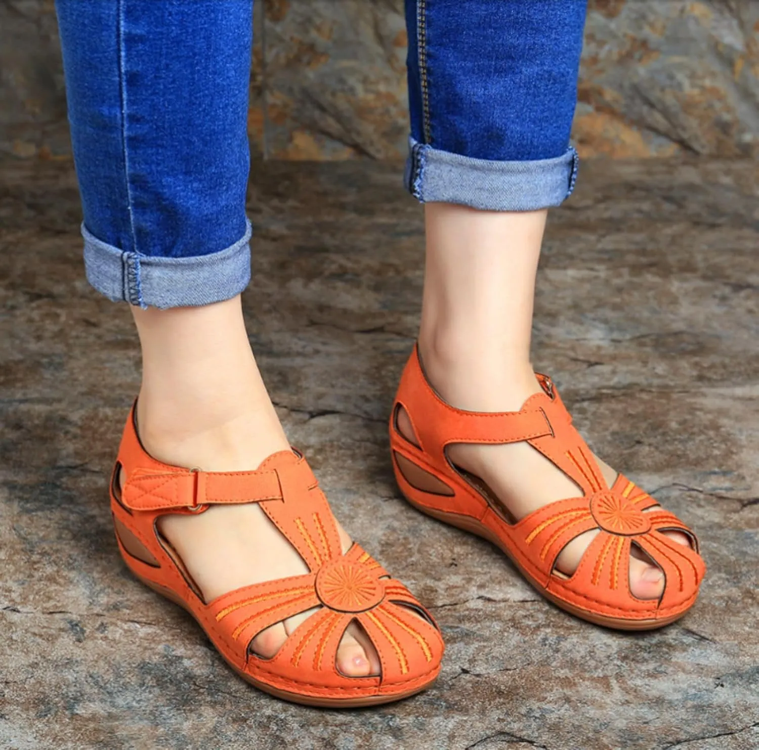 Womens Wedge Closed Toe Sandals Platform Summer Hollow Out Strap Ankle Wedges Shoes Orthopedic Comfy Slip on Bohemia Gladiator Ladies Shoes Beach Casual Athletic Sandals