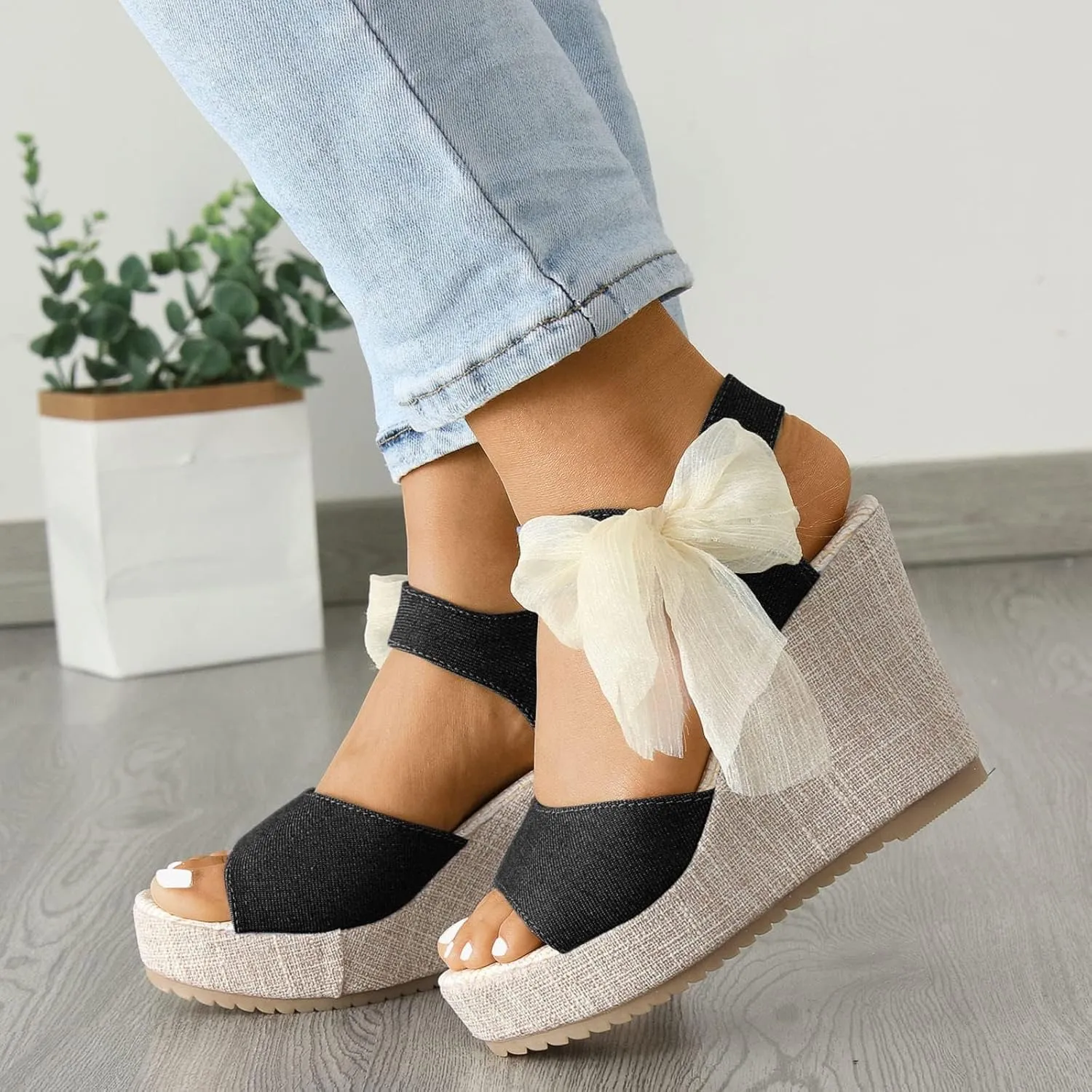 Women's Wedge Espadrille Sandals Platform Bow Ankle Tie Espadrilles Satin Lace Up Slides Open Toe Slip On Casual High Mules Wedges Heel Floral Printed Slingback Strap Bowknot Shoes Sandal