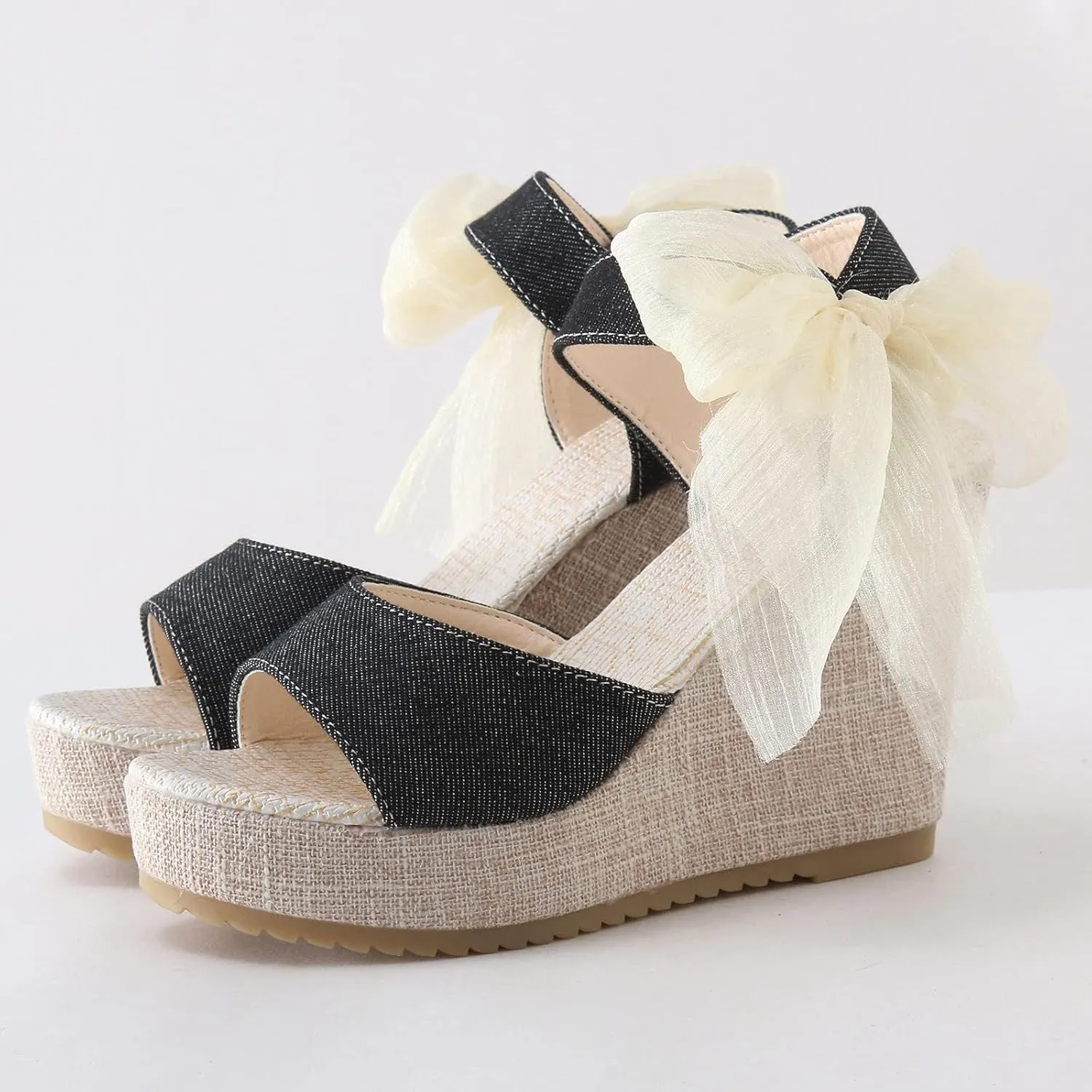 Women's Wedge Espadrille Sandals Platform Bow Ankle Tie Espadrilles Satin Lace Up Slides Open Toe Slip On Casual High Mules Wedges Heel Floral Printed Slingback Strap Bowknot Shoes Sandal