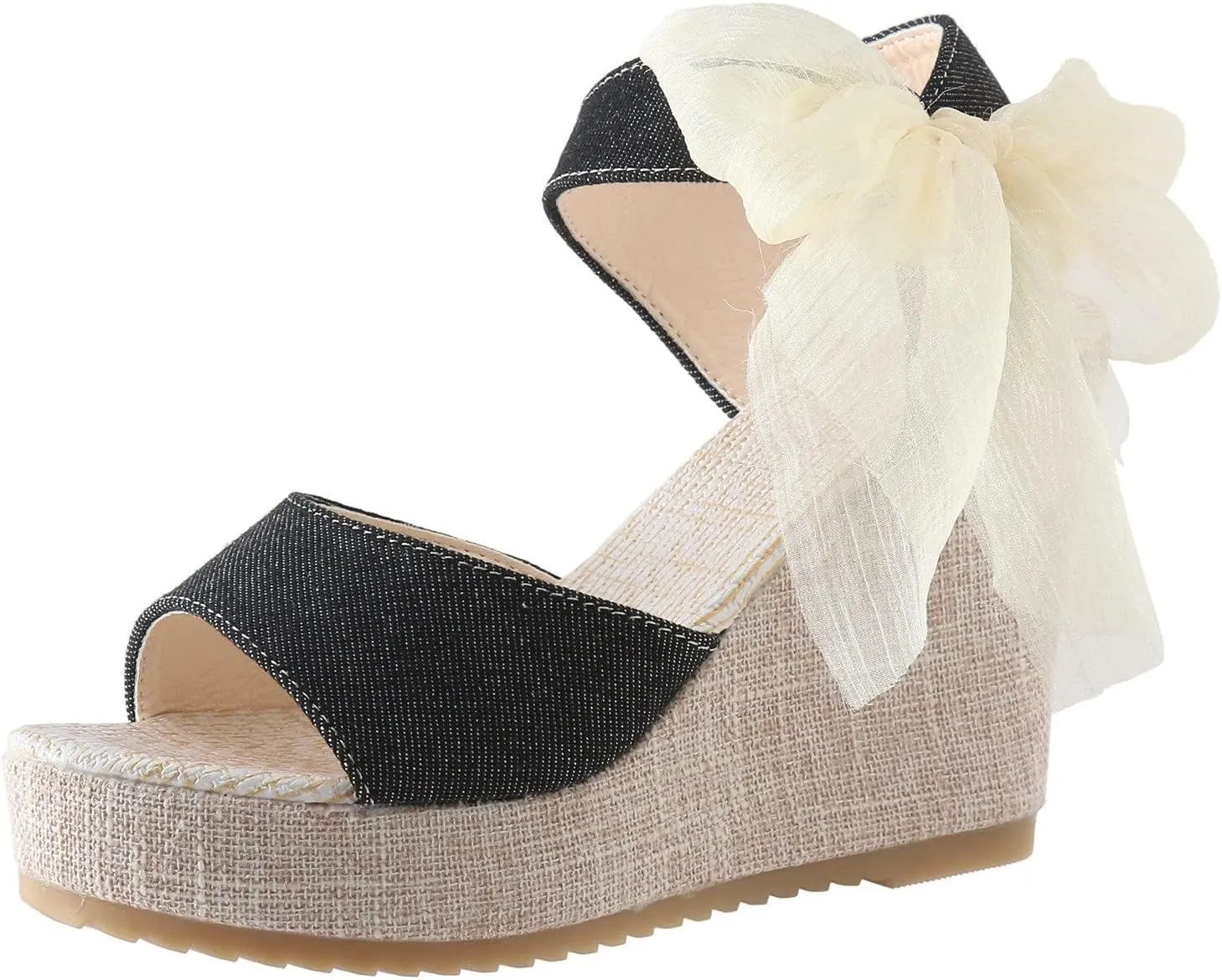 Women's Wedge Espadrille Sandals Platform Bow Ankle Tie Espadrilles Satin Lace Up Slides Open Toe Slip On Casual High Mules Wedges Heel Floral Printed Slingback Strap Bowknot Shoes Sandal