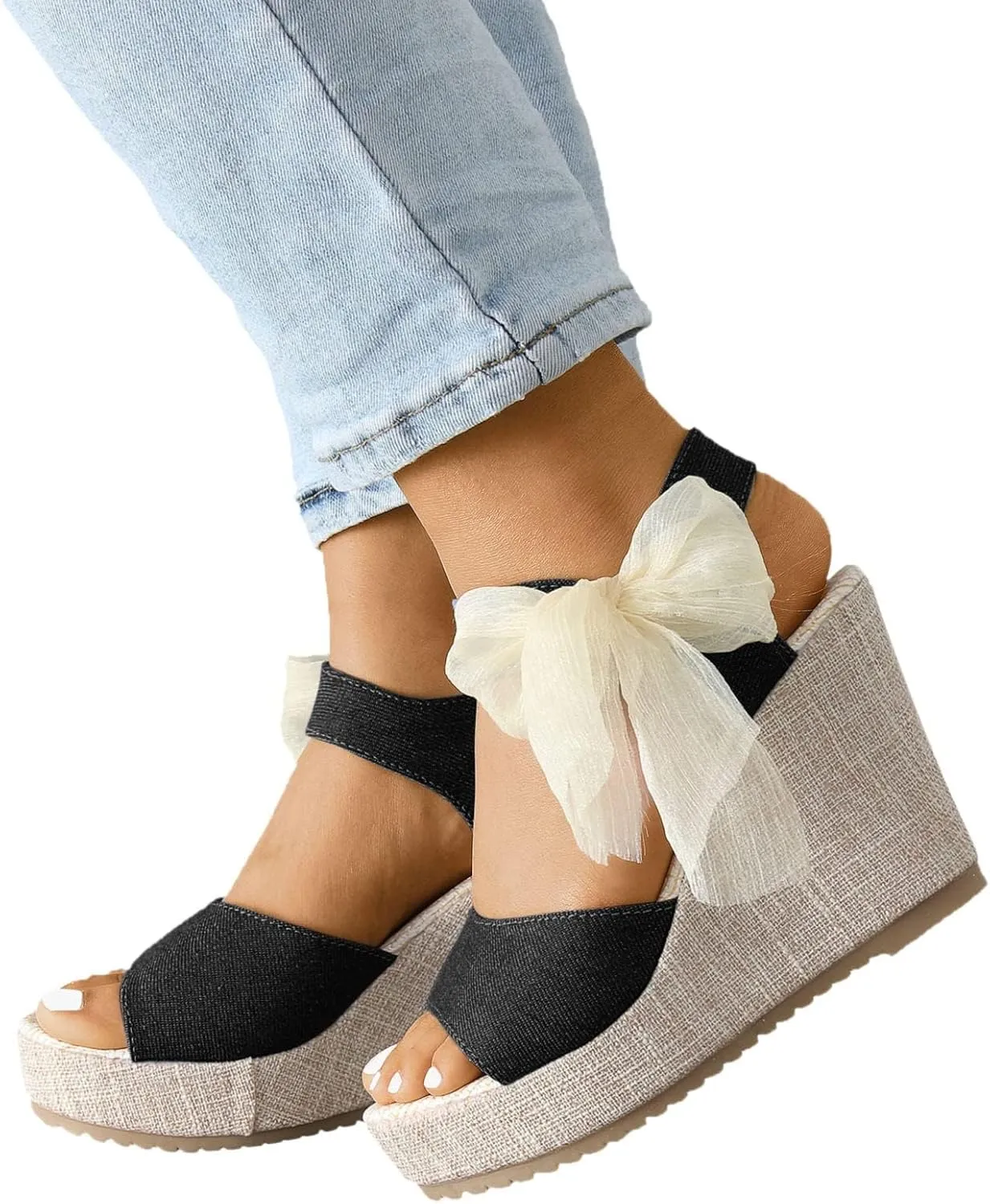 Women's Wedge Espadrille Sandals Platform Bow Ankle Tie Espadrilles Satin Lace Up Slides Open Toe Slip On Casual High Mules Wedges Heel Floral Printed Slingback Strap Bowknot Shoes Sandal