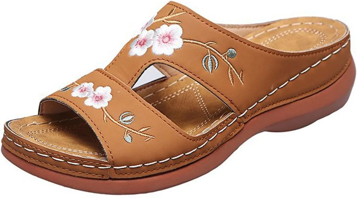 Womens Wedge Sandals Summer Dressy Open Toe Embroidered Wedges, Comfortable Walking Low Sandals Casual Slip on Orthopedic Sandal Slippers All Day Comfort