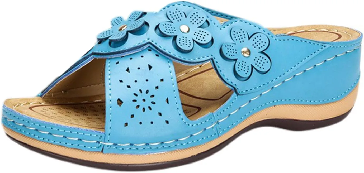 Womens Wedge Sandals Summer Flower Orthopedic Sandals for Women, Comfortable Open Toe Cross Strap Platform Wedges, Casual Slip on Walking Slippers with Arch support